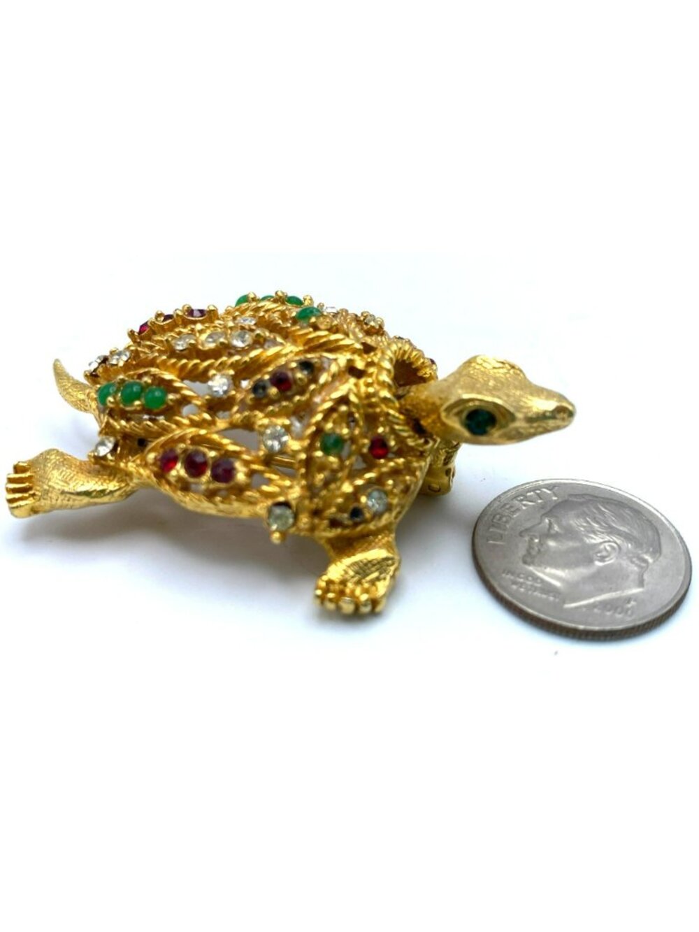 Hattie Carnegie Turtle Brooch Bobble Head Unsigned Gold Tone Rhinestones RARE! - Picture 6 of 6